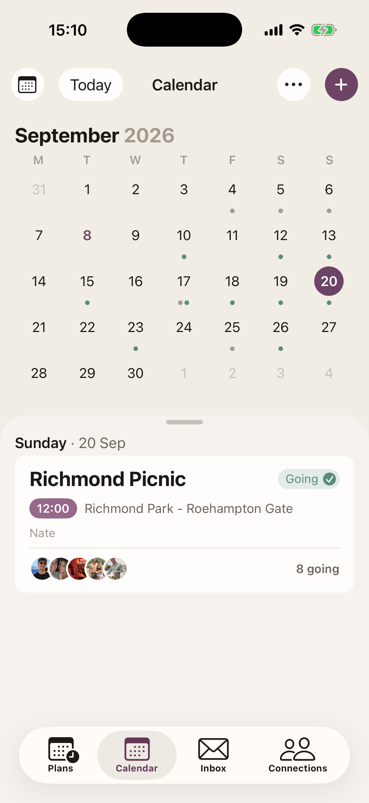 The Bao calendar showing a month of social plans.