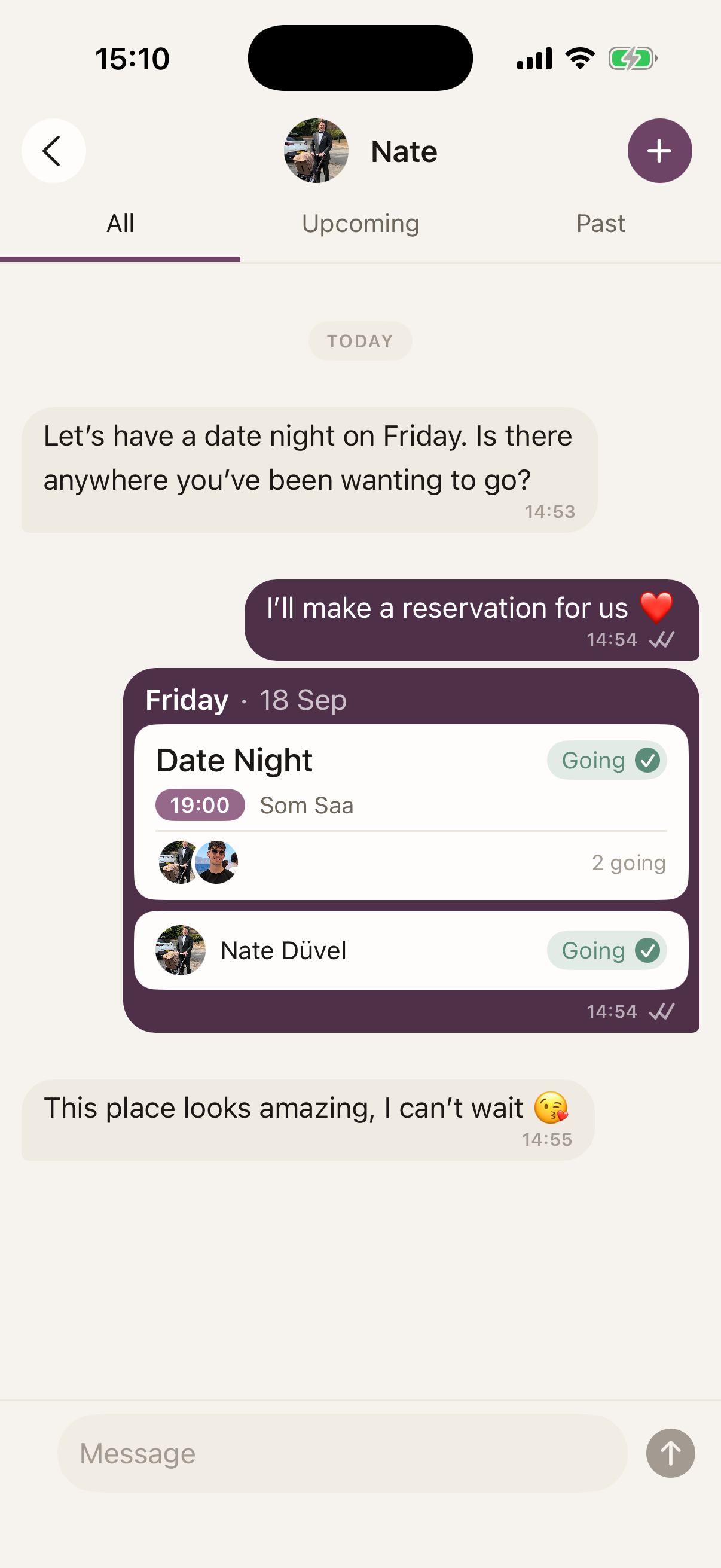 A Bao message thread with an event invite shown inline.